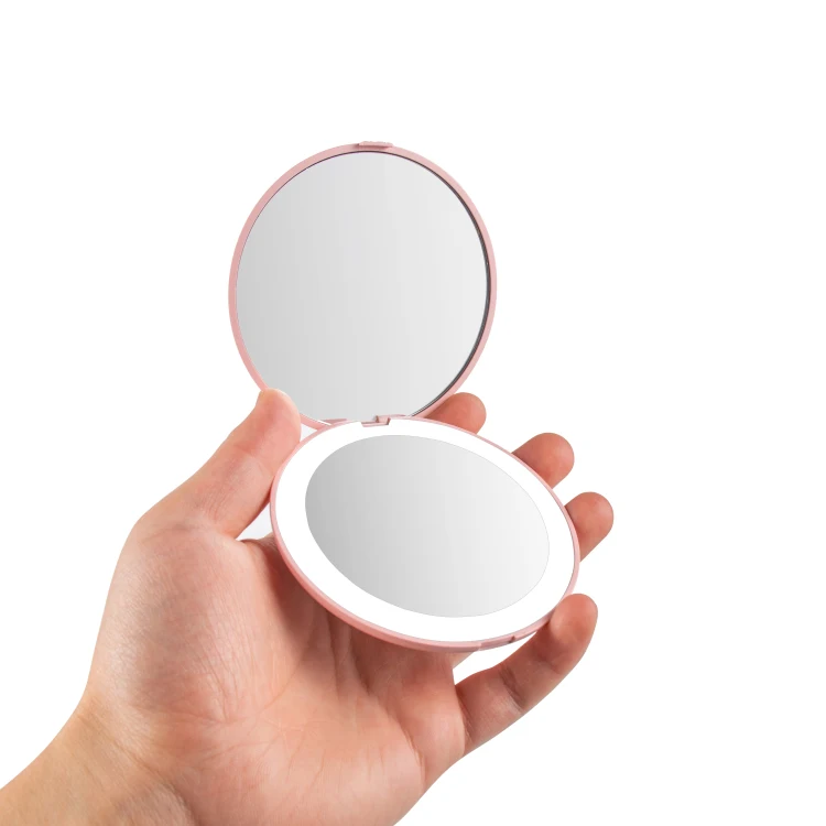 

espejos de bolsillo round 10x double side battery operated make up small portable cosmetic led mirror, White