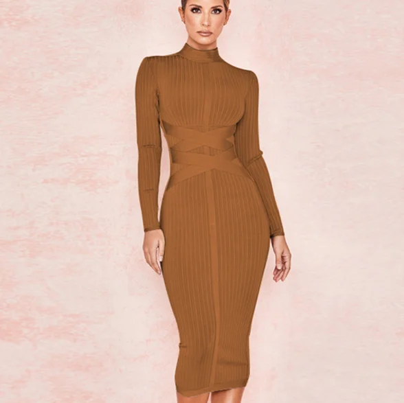 

2021 summer new high elastic bandage ladies clothing fashion casual sexy slim long-sleeved dress, Picture color