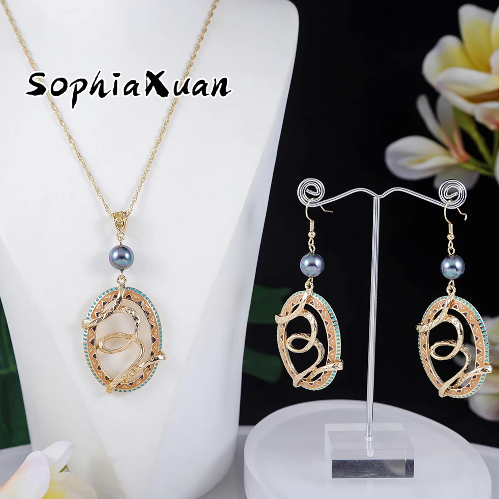 

SophiaXuan new samoan dangle ellipse irregular pearl necklace set polynesian jewelry earrings set wholesale hawaiian, Picture shows