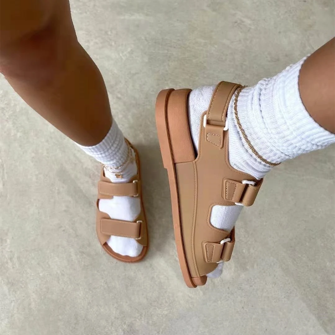 

2021 plus-size round toe middle heel Vel cro sandal Roman women sandals, 4colors