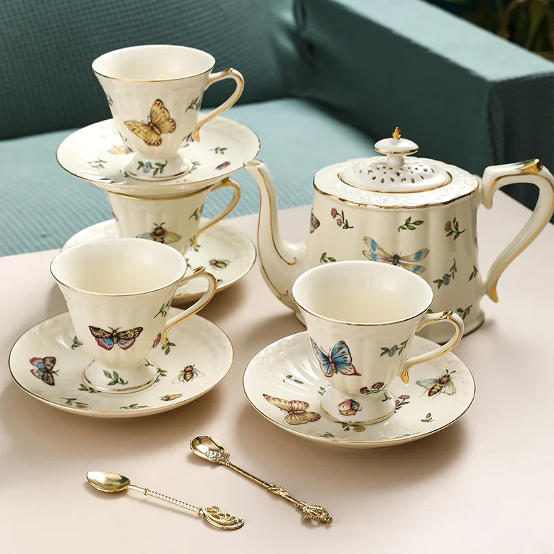 

European flower tea coffee cup saucer set butterfly garden vintage exquisite ceramic pot, White