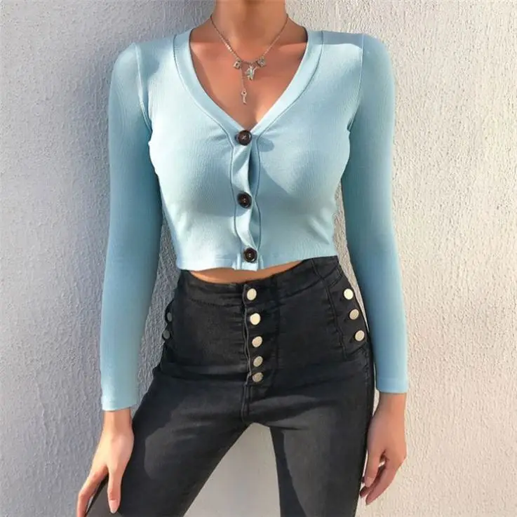 

Hot Sale 2021 New Arrivals V-Neck Crop Top Women Solid Color Long Sleeve Sexy Tops Shirts Ladies Tops Blouses