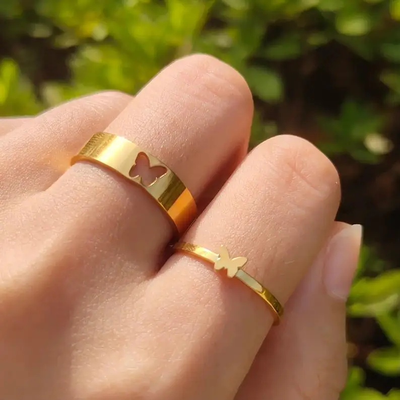 

Classic Men Women Couples Gold Plated Heart Rings Fashion Jewelry Stainless Steel Couple Butterfly Rings, Gold color