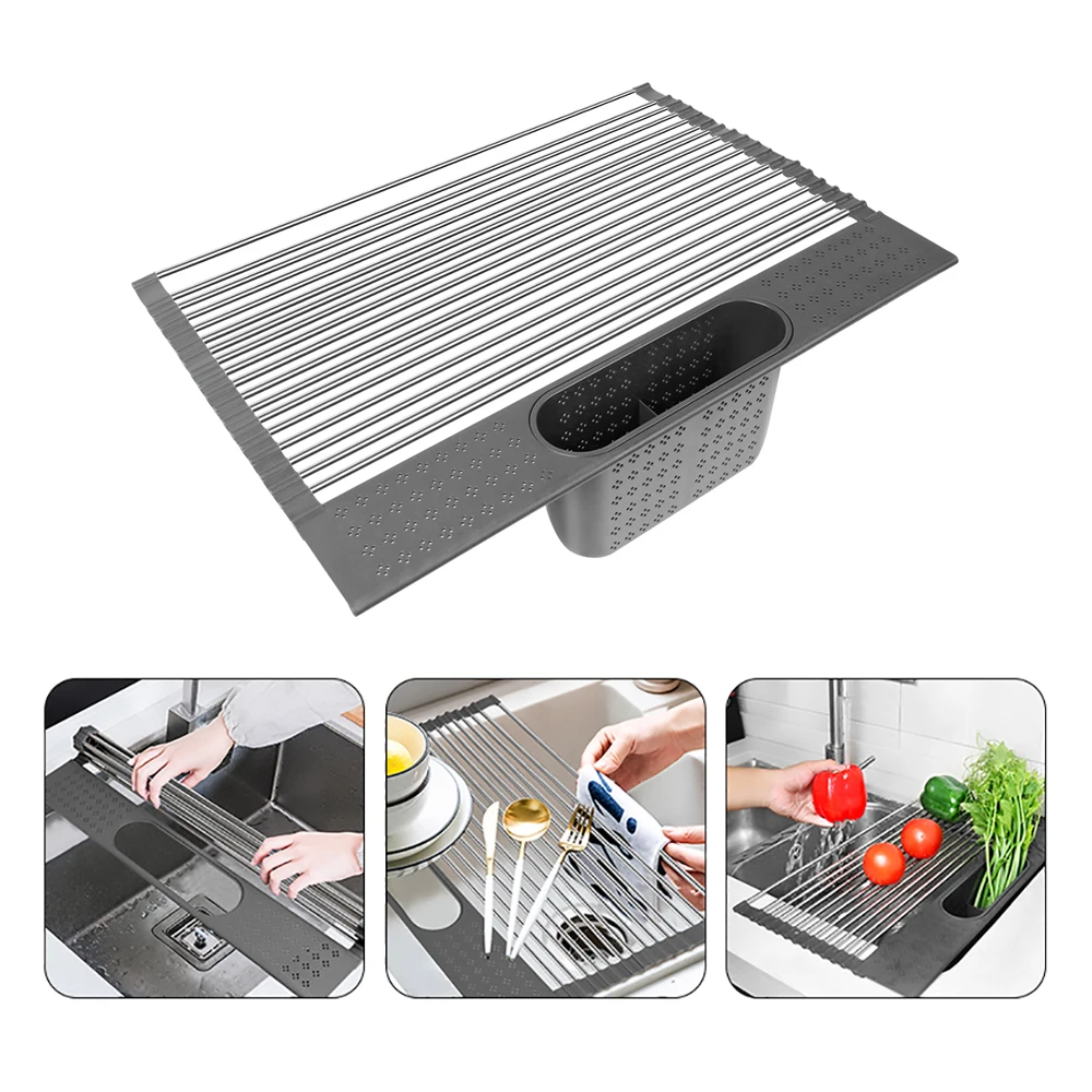 

Amazon Hot Selling Stainless Steel Kitchen Roll Up Sink Drying Rack For Fruits Vegetable