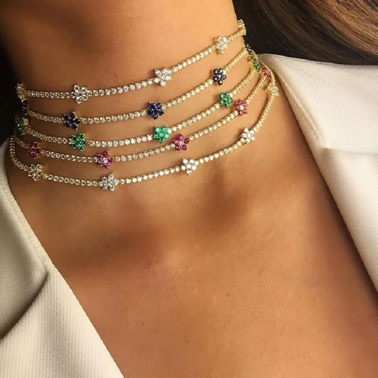 

Fashion Beautiful Rainbow CZ Paved Flower Charm Choker Necklace Tennis Chain Short Star Necklaces Choker Women Jewelry