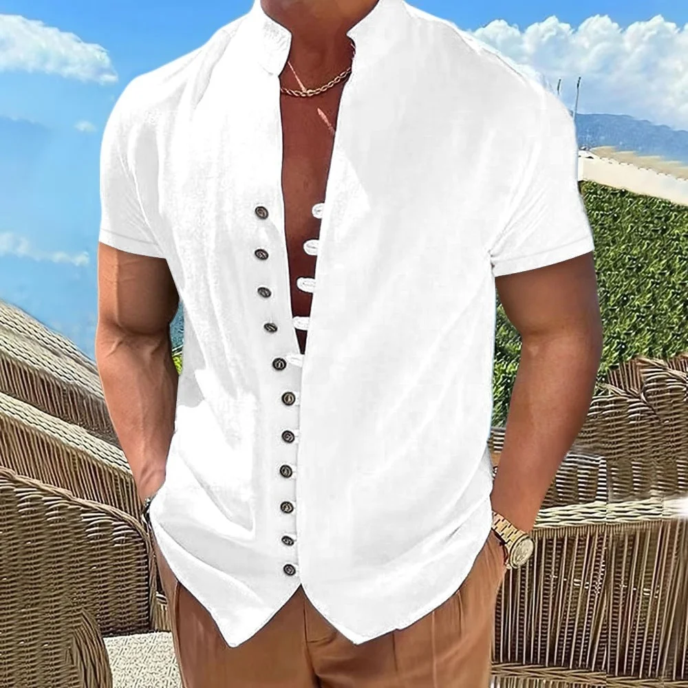 Summer European American Style Men's Button Down Shirt Vertical Collar Men's Short Sleeve Shirt Retro Men's Cotton Linen Shirt