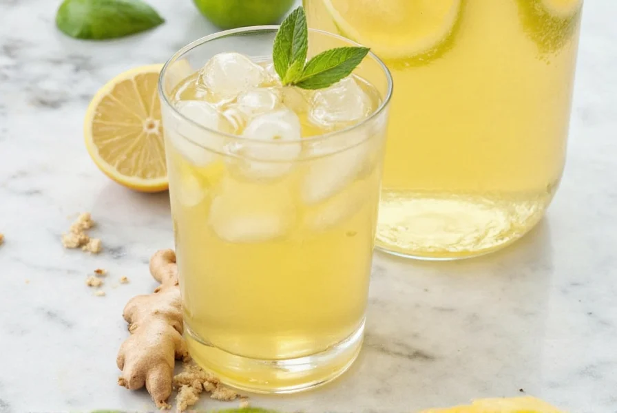 Fresh ginger slices steeping in clear glass pitcher with water, close-up showing ginger particles suspended in water
