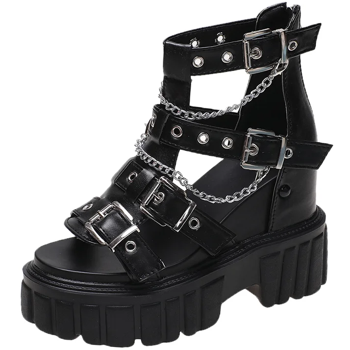 

Dropshipping Custom Logo 2022 Dark Goth Black Heeled Sandals High Top Buckle Ladies Wedges Sandals