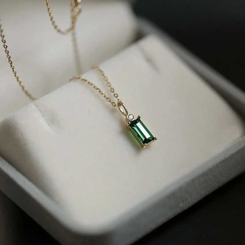 

Genuine 925 Sterling Silver Plated 14K Gold Necklace for Women Inlaid Square Emerald Green Zircon Elegant Female Jewelry