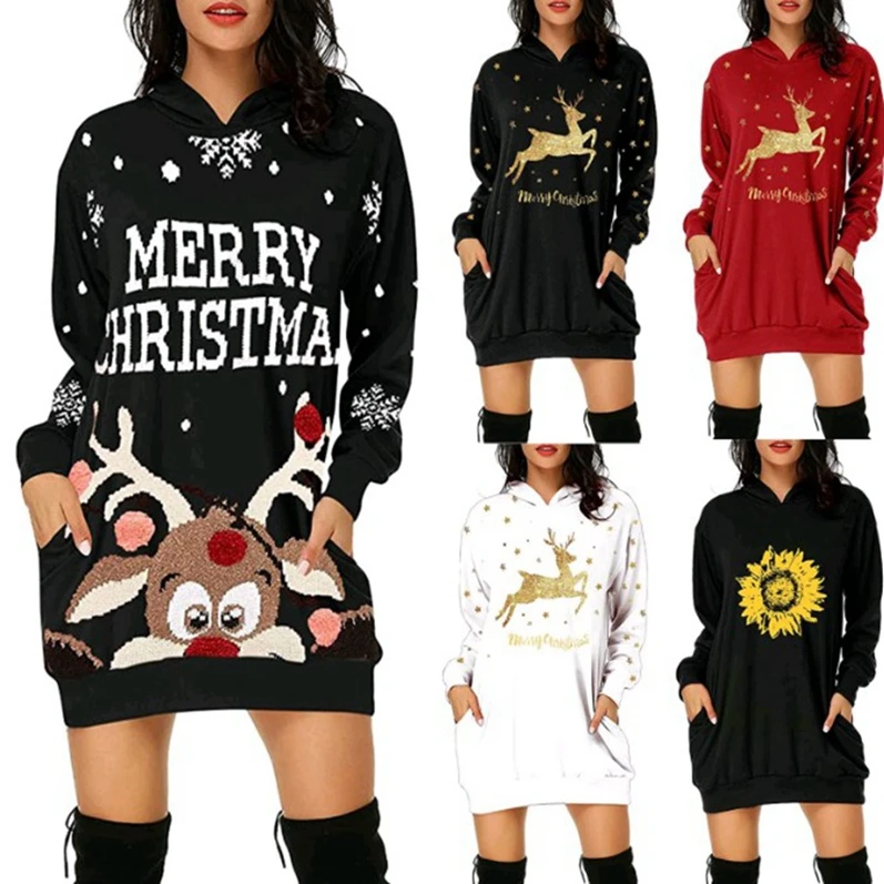 

ANL3144 Christmas print mid-length pocket hooded long-sleeved sweater women, Accept customization