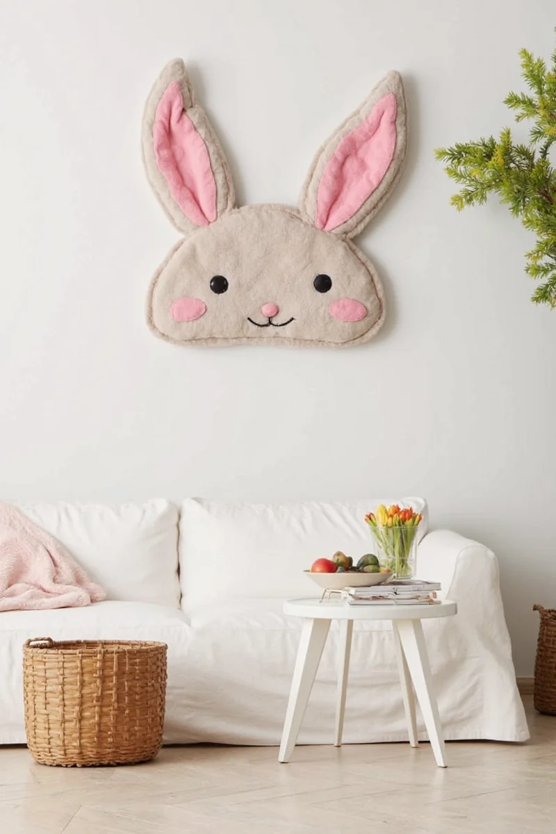 A cozy living room with pastel tones, rabbit artwork, and plush pillows shaped like bunnies