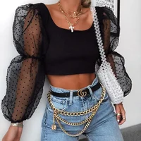 

fashion design lady blouse women fashion top 2020 puff mesh long sleeve crop top