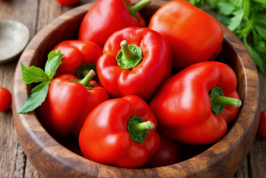 Colorful mini red peppers arranged in a wooden bowl with fresh herbs, showing their vibrant red color and small size compared to regular bell peppers