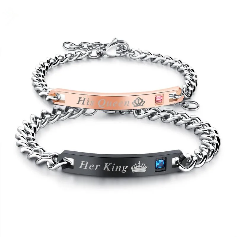 

Valentine's Gift Minimalist Stainless Steel King Queen Lover Bracelet Letters Engraved His Queen Her King Couple Bracelet