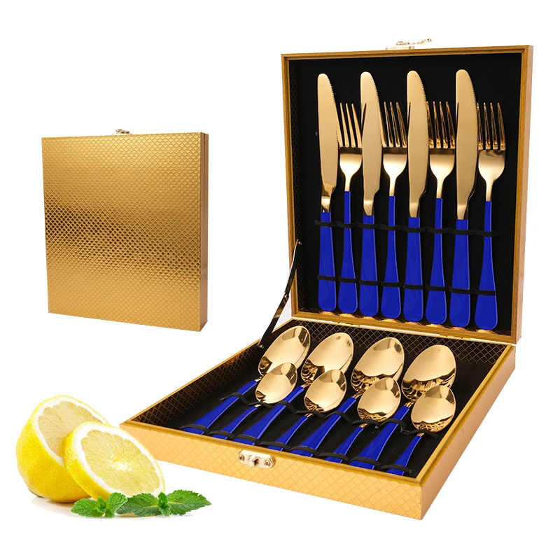 

Hot sale mirror polishing flatware sets stainless steel knife fork spoon set 16pcs cutlery set with wooden box, White,pink,green,blue,black,red