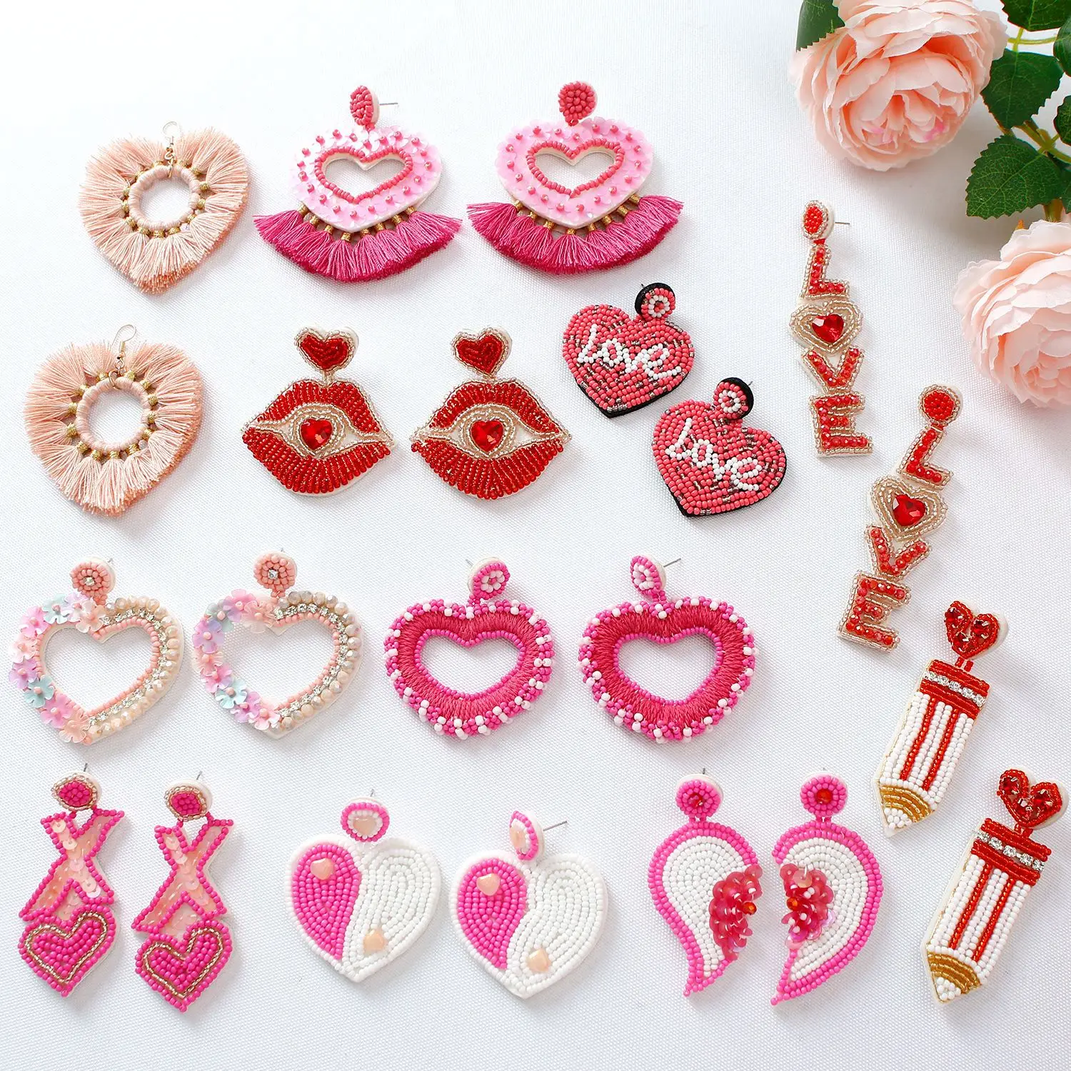 

2024 Fashion Jewelry Handmade Rice Beads Lip Heart Pencil Earrings Love Rhinestone Valentine's Day Gifts