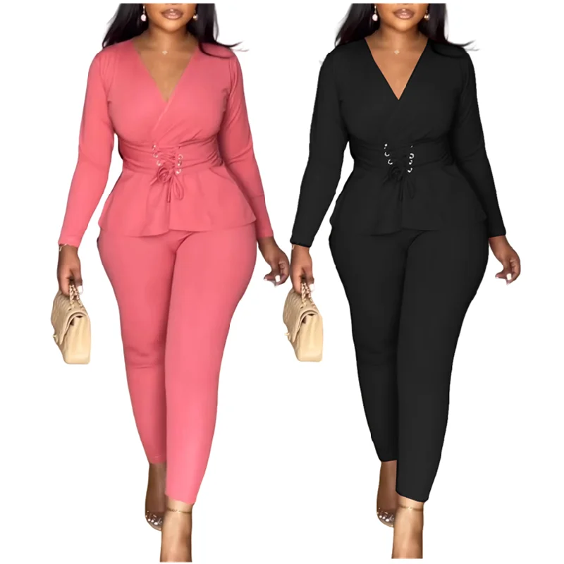 V Neck Long Sleeve Top & Trousers Office Set