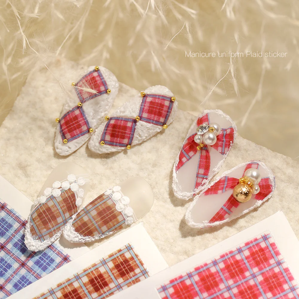 

Spring Summer Plaid Nail Art Design Decals Decorations Back Glue Full Nail Foil Tips Shelf Adhesive Uniform Plaid Nail Stickers