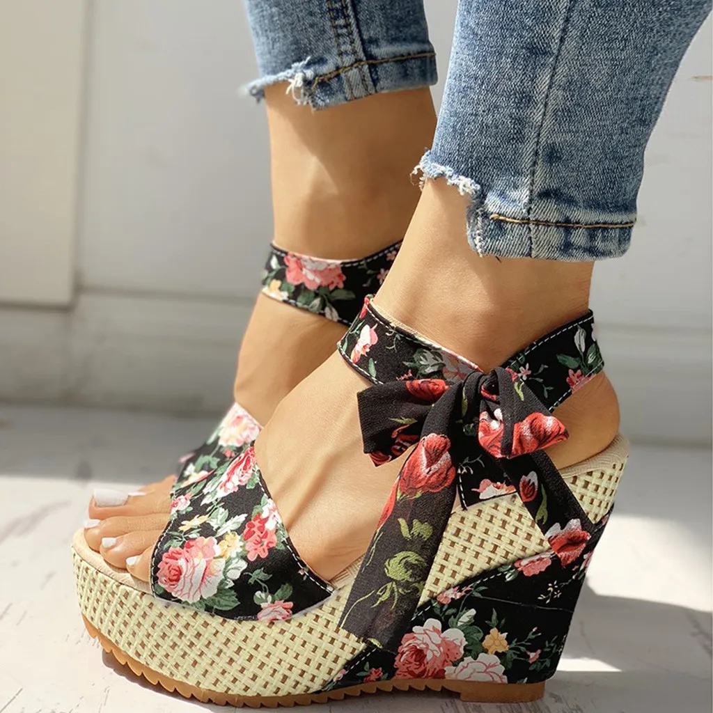 

2021 Summer Sandals Women Flower Print High Heel Open Toe Sandals Ladies Bohemian Lace Up Sandals Shoes Platform Casual Shoes, Beige;pink;black