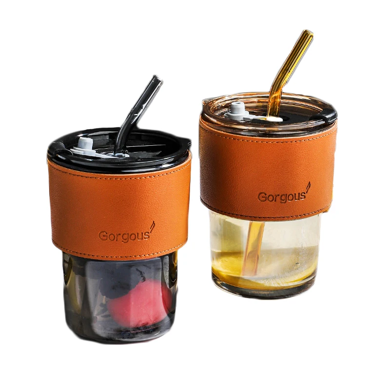 

15 oz 450ml Simple Bamboo Shaped Glass Mugs Creative Coffee Mugs with Holster and Straw Lid for Out Camping