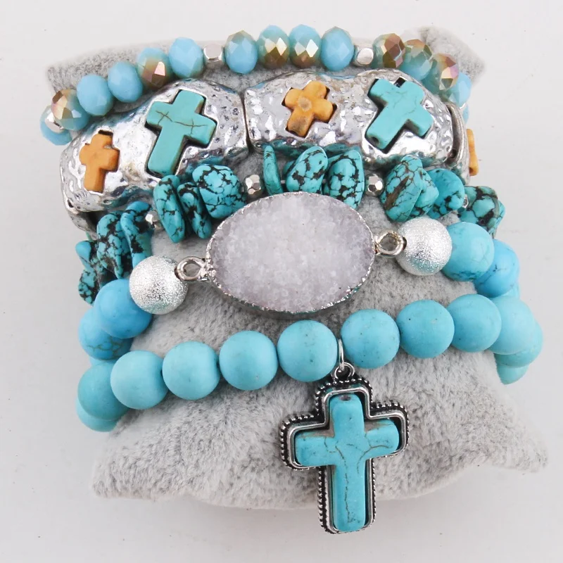 

Handmade Alloy Cross bangle Big Druzy Chip Stone Bracelet Natural Stone Turquoise Stack Beaded Bracelet Set Western Jewelry