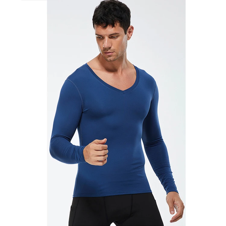 

Fall Winter V-Neck Fitness PRO Tight Training Running Sports Top Rash Guard Men's Long Sleeve Compression T Shirt, 6 colors