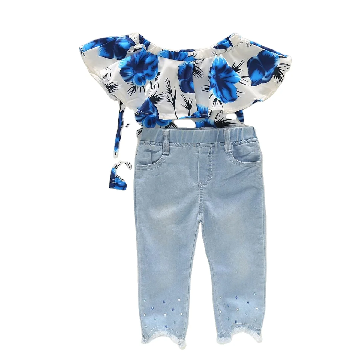 

1265 Summer Toddler Kid Baby Girls Clothes Sets Floral Print Sleeveless Crop Tops+Ripped Denim Pants Jeans 2pcs Outfits Clothing, As picture