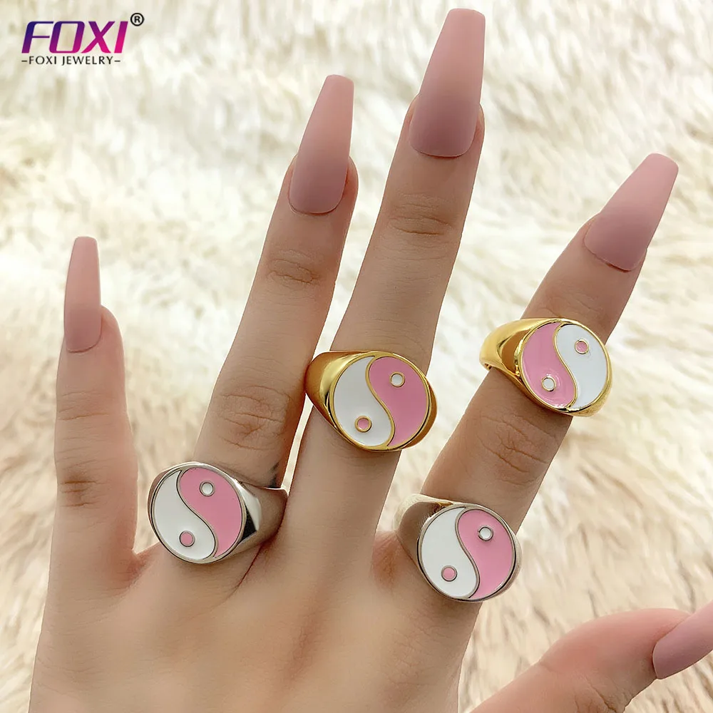 

FOXI wholesale semi joias brass Enamel ring earrings necklace 18k gold plated Tai Chi jewelry ring for women 2021