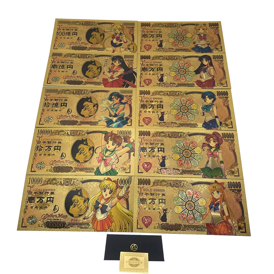 

New 10 Designs Japanse Cartoon Sailor Moon Anime Gold Banknote for Classic Memory Souvenir Gifts and Collection Cards
