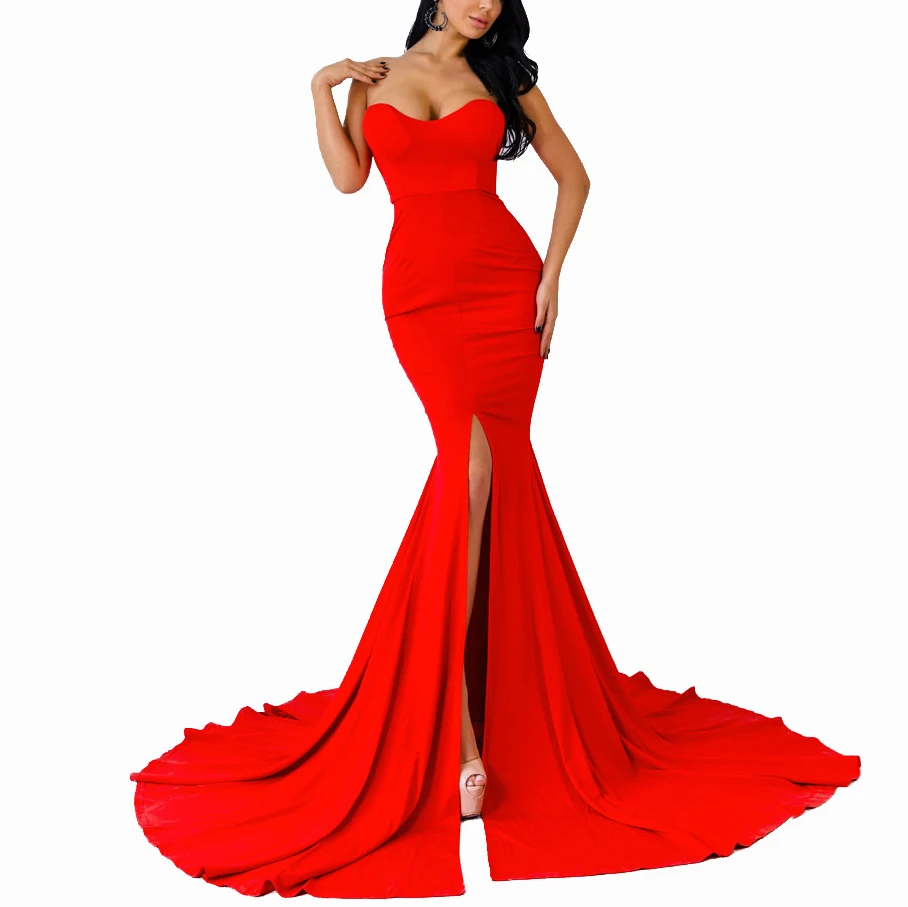 

2021 Elegant Gown Dress Strapless Party Evening Women Mature Red Dress