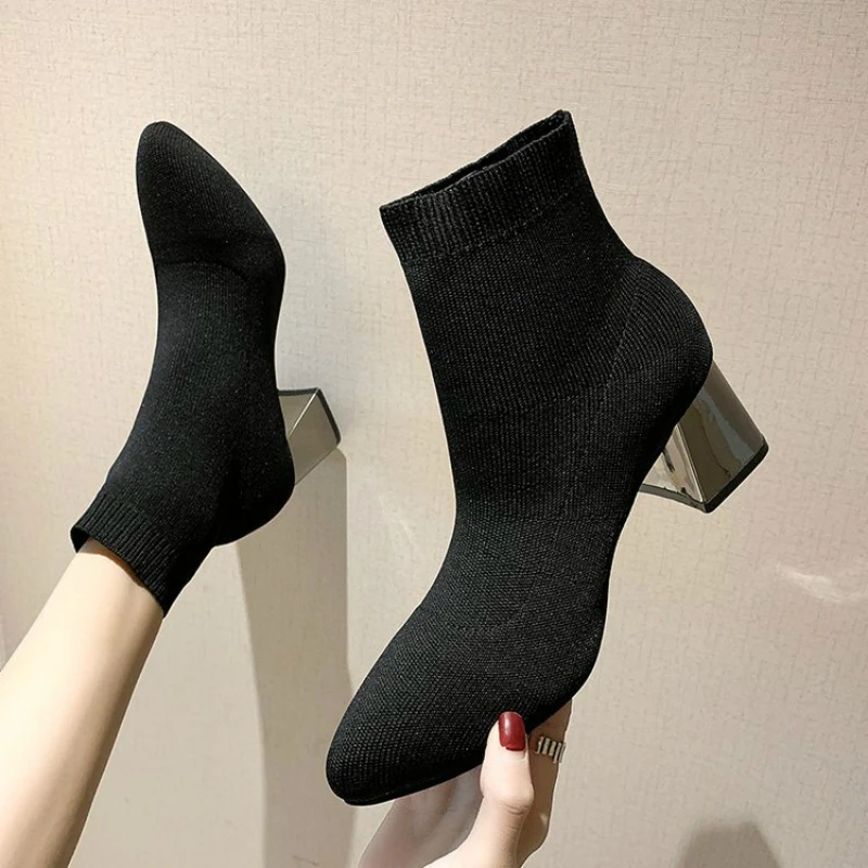

2021 New Women Shoes Martin Boots High Heel Stretch Fabric Ankle Boots for Women Fashion Pointed Sock Shoes Zapatos De Mujer