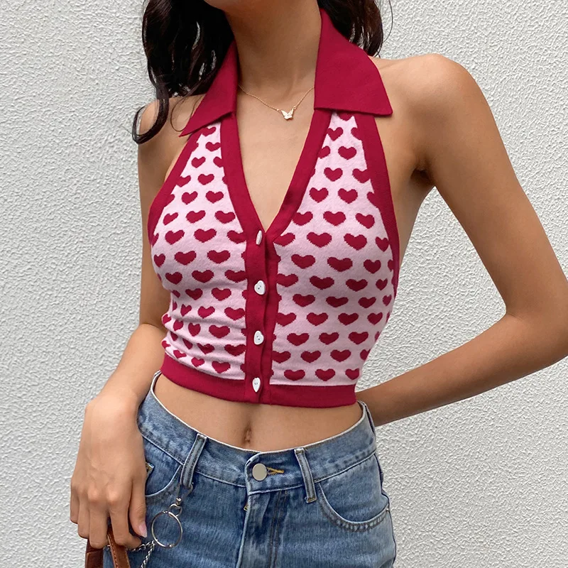 

ZJ1239 Halter Sleeveless knitted Crop Top Women Sexy Backless Y2K Tank Top Autumn Print V Neck Vest Ladies Button Knitwear