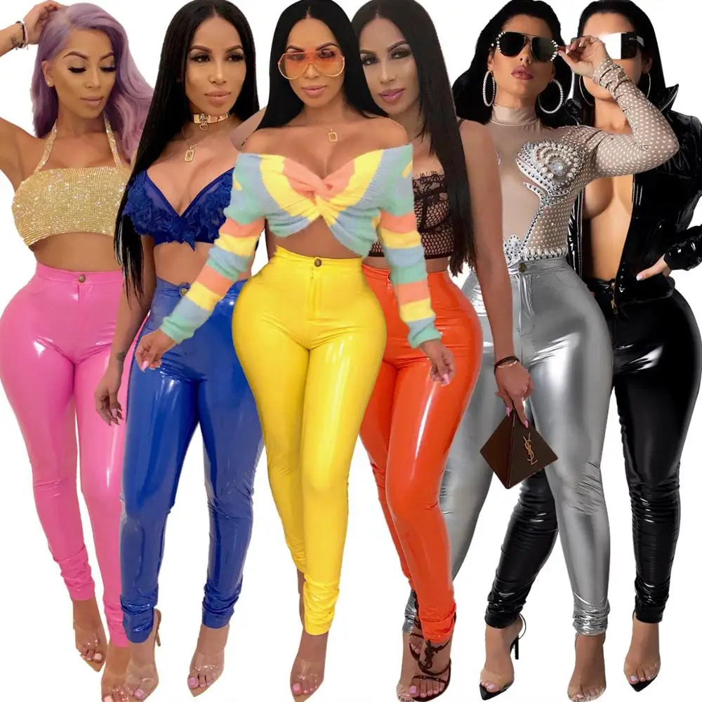 

2020 New Hot Sell Neon Wet Look Skinny Elasticity Trousers Tight Pu Leather Pants for Woman Pencil Pants High Waist Casual