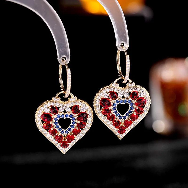 

Luxury heart shaped retro color copper micro inlaid zircon geometric women fashion heavy craft hoop earring