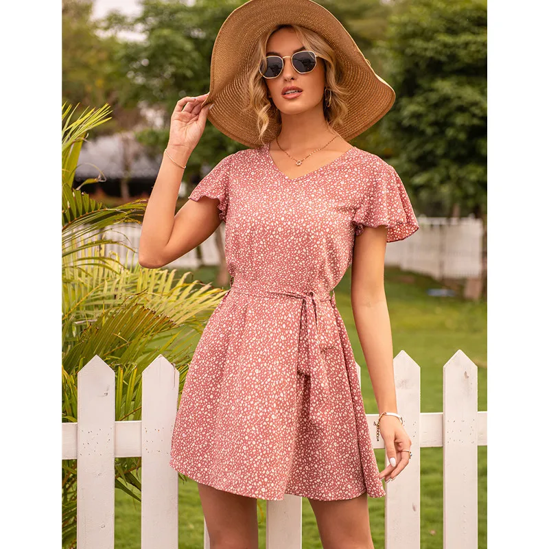 

2021 New Summer Print Dress Women Casual Butterfly Sleeve Ruffles Chiffon Dress, Shown