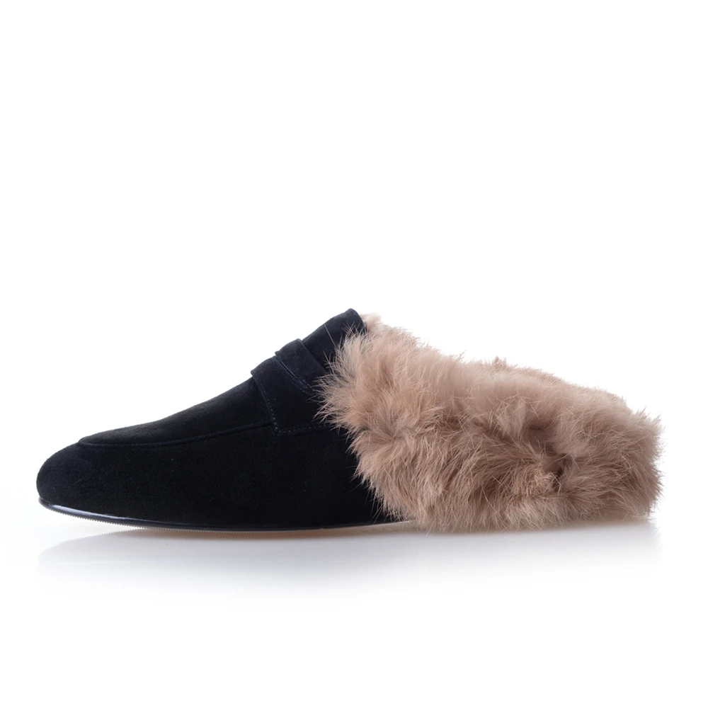 
Closed Toe Mules Shoes Women 2020 Slippers Fur Mules Leather Winter Backless Loafers Ladies Low Heel Mules 
