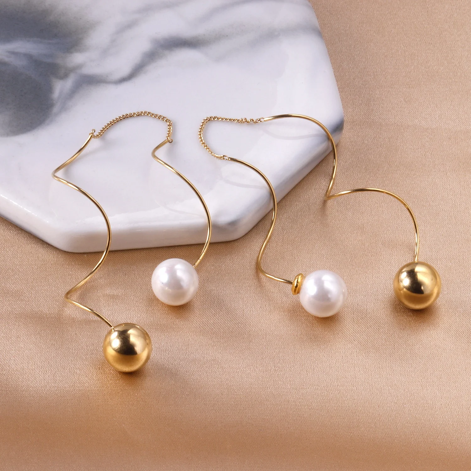 

Fashion Earrings Trend 2021 Stainless Steel 24K Gold Plated Drop Jewelry Pearl Earrings For Girls Ladies Women, Gold/silver/rose/black available