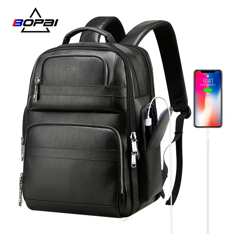 

BOPAI luxury laptop travel business waterproof usb genuine leather bagpack men notebook smart backpack custom, Black