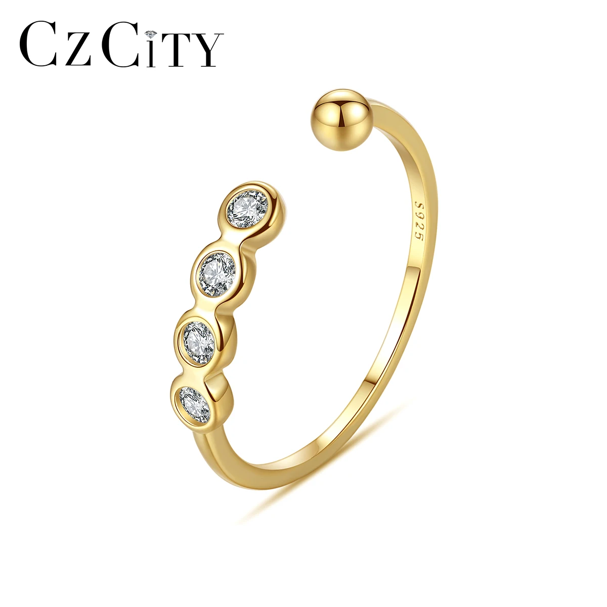 CZCITY 4A Cubic Zirconia Crystal Bling Woman Diamond Open Sterling Thick Silver Gold Ring Adjustable