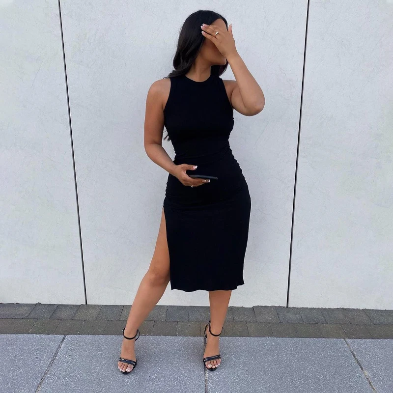 

Blingirl 2021 Summer Women Sleeveless Solid O-Neck Side Slit High Waist Midi Dress Bodycon Sexy Streetwear Party Club Clothes, Black,brown,white