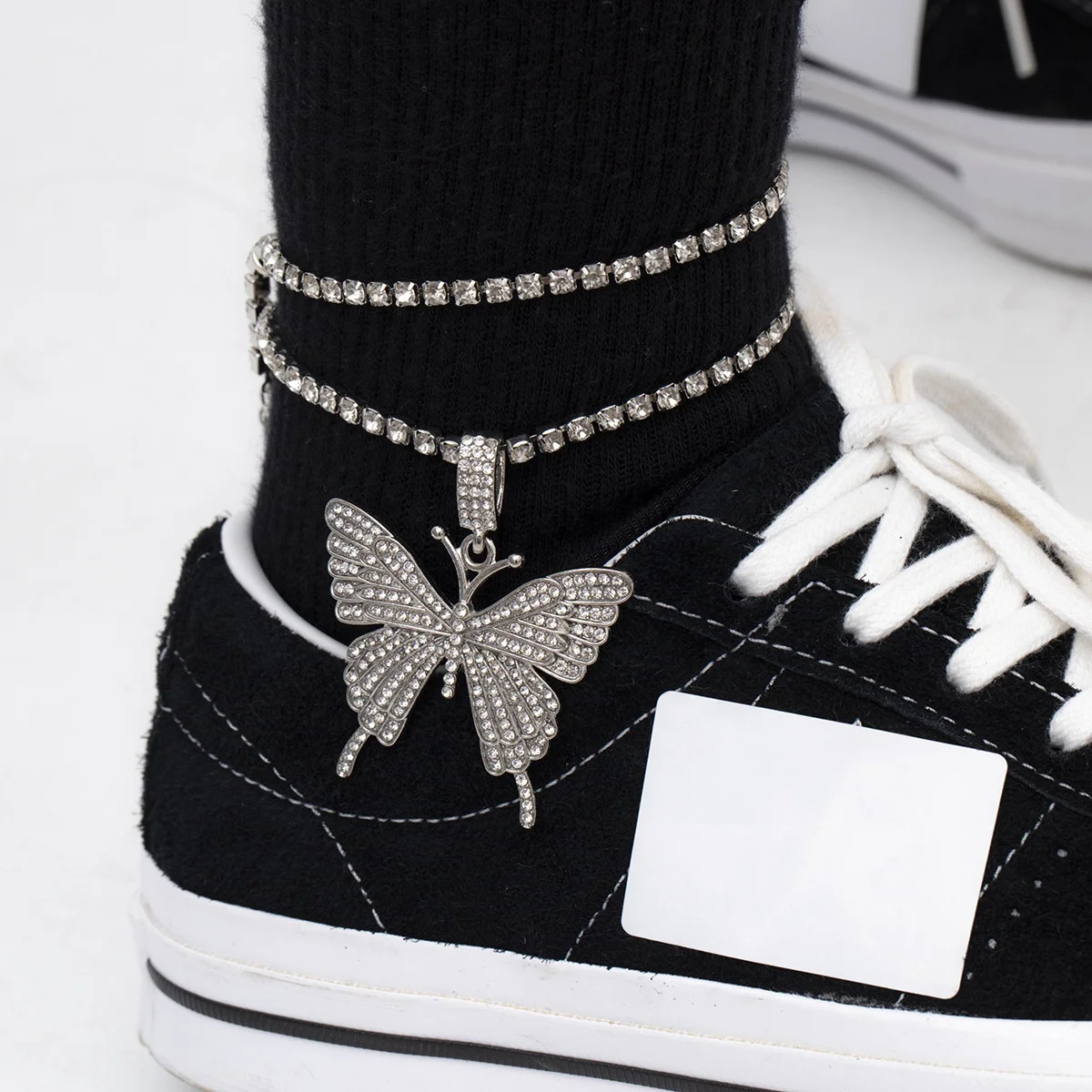 

New Crystal Chain Anklet for Women Cute Pink Big Butterfly Mosaic Double Chain Anklet Bracelet Foot Jewelry, Customized color