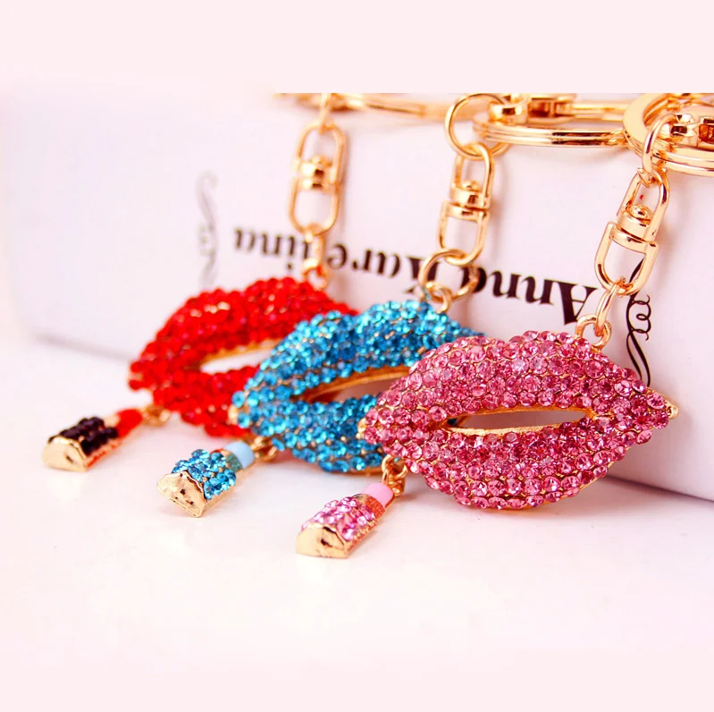 Wholesale New Design Key Ring Rhinestone Lip Gloss Lipstick Holder Lips