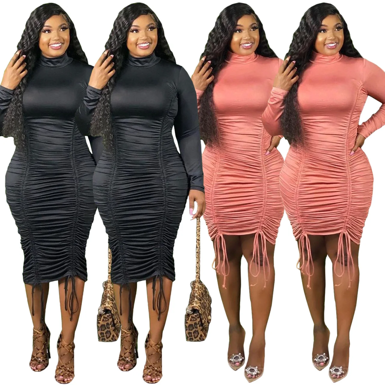 

Amazon hot sales Plus size women clothing ladies Wrinkle dress with Long sleeves frenulum dressing plus size, Pink,black