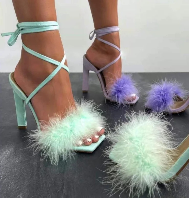 

PDEP new stylish fashion sexy square toe block heel fur high heels sandals lace up design plush shoes high heels for women