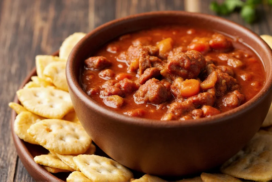 Bowl of thick cowboy chili with visible meat chunks, no beans, rich red color, served with saltine crackers