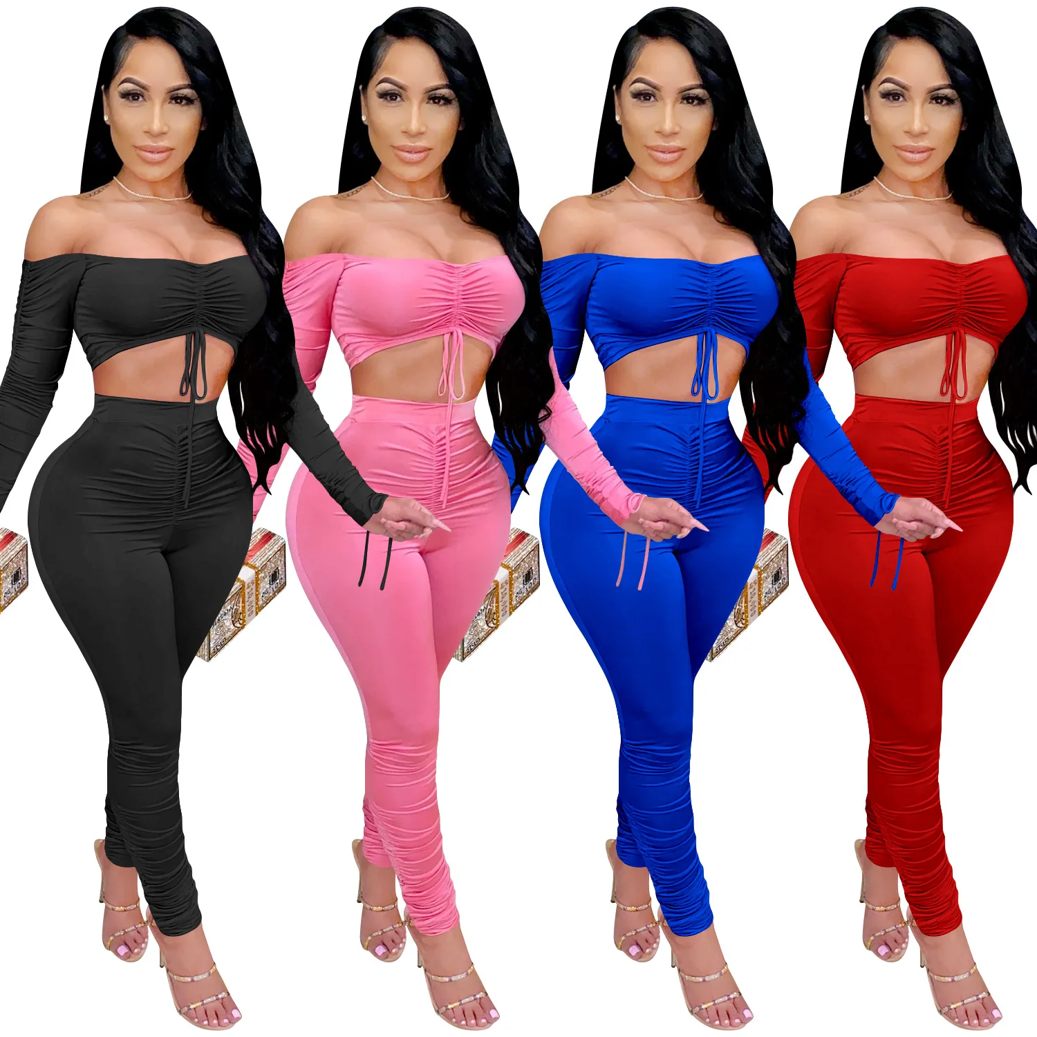 

Autumn and winter new pleated off shoulder drawstring pile up sleeve lace up women's two piece set
