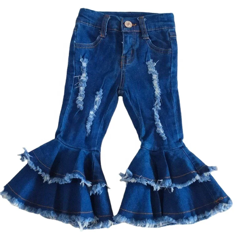 

2020 girls jeans trousers kids navy blue flared bell bottoms with button children casual denim pants baby children long pants, As pic show