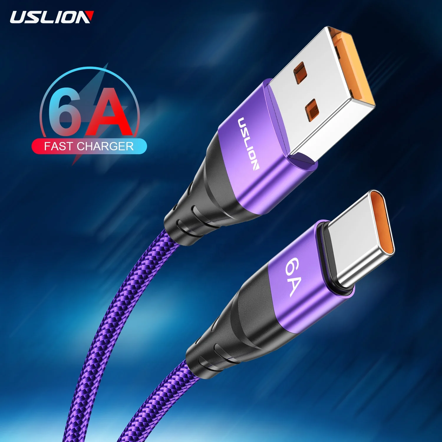 

USLION Amzaon Hot Selling 2M 6A 66W USB Type C Cable Charger Mobile Phone Fast Charge USB Cable Type C Data Cables for Huawei, Black,red,purple