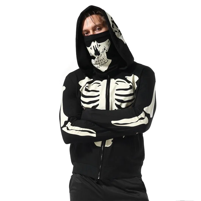 

Custom Logo Printing Black Zip Up Face Masked Hoodie Halloween Zip Up Hoodie OEM, Customized