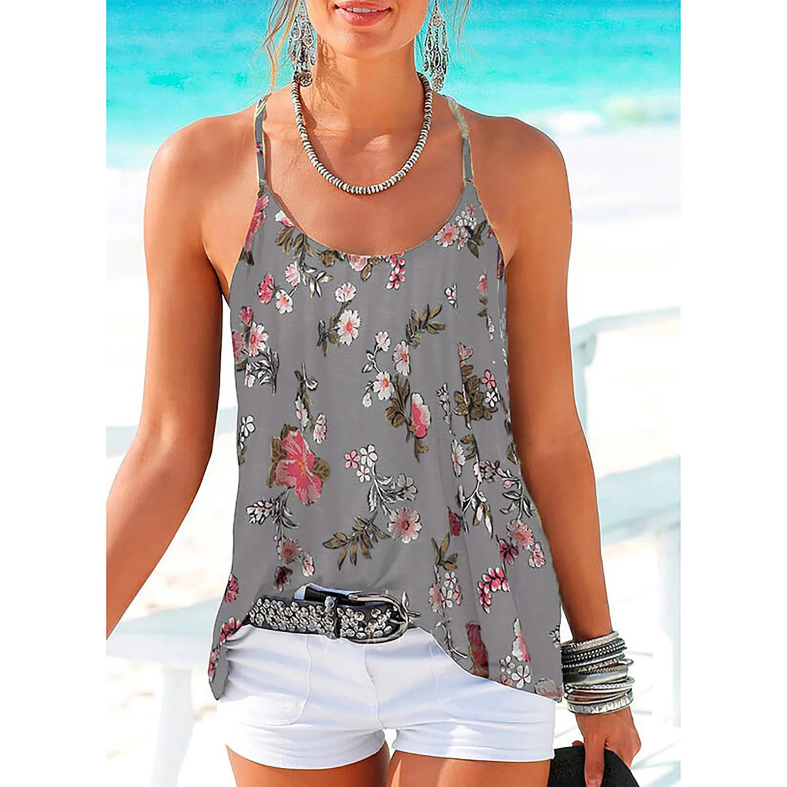 

Summer 2021 women's cross straps back tops with floral print vests, 3 colors